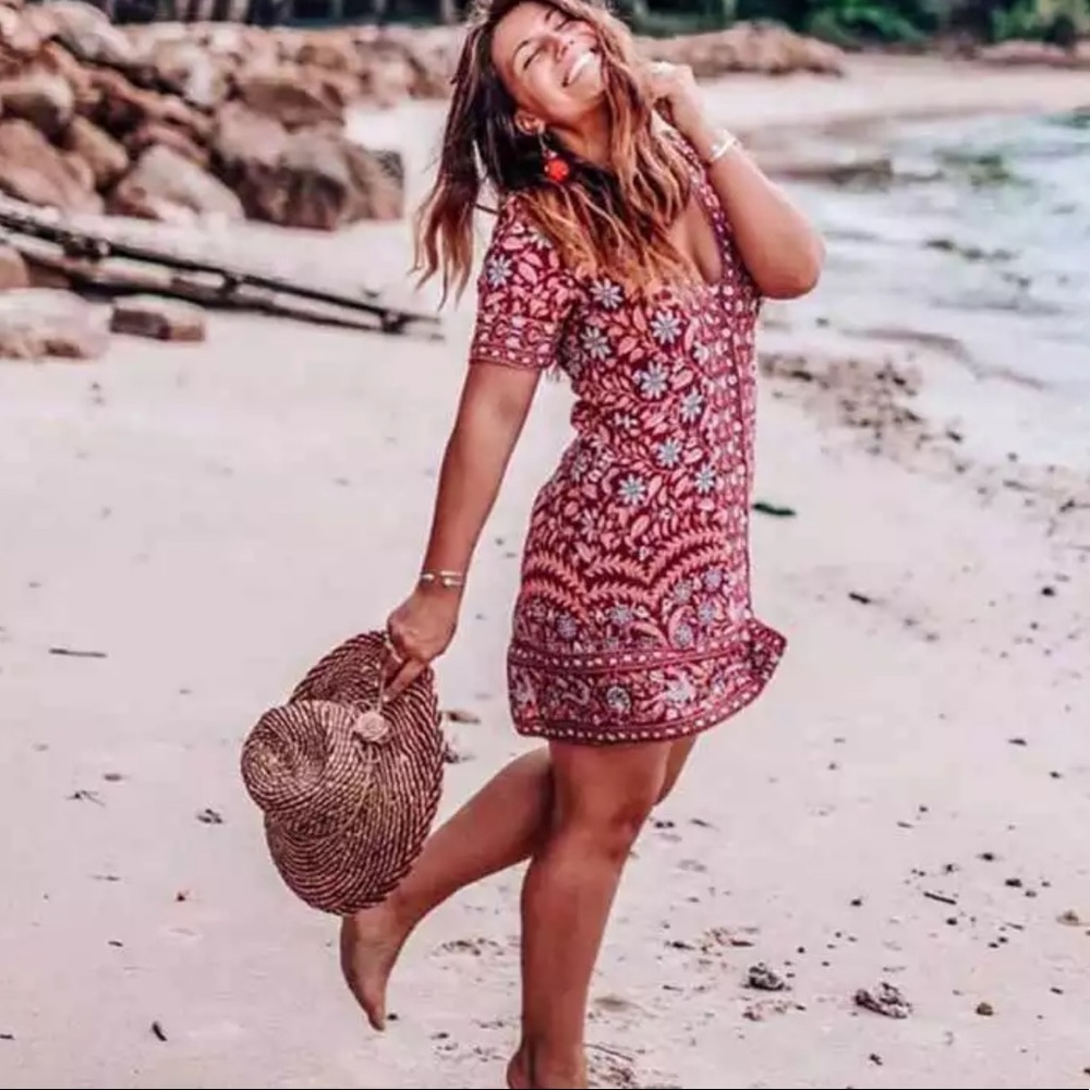 Orange Button Up Boho Floral Gypsy Print Dress - Picture 9 of 9